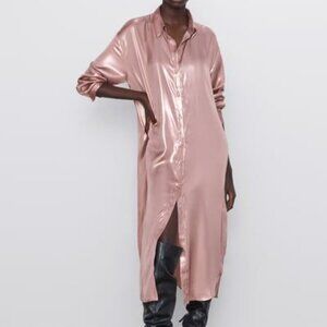 Zara Satin Metallic Effect Shirt Dress